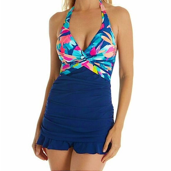 NWT Profile By Gottex UPF 50+ Bermuda Breeze Tummy Control Halter Tie Swimsuit - Picture 1 of 17